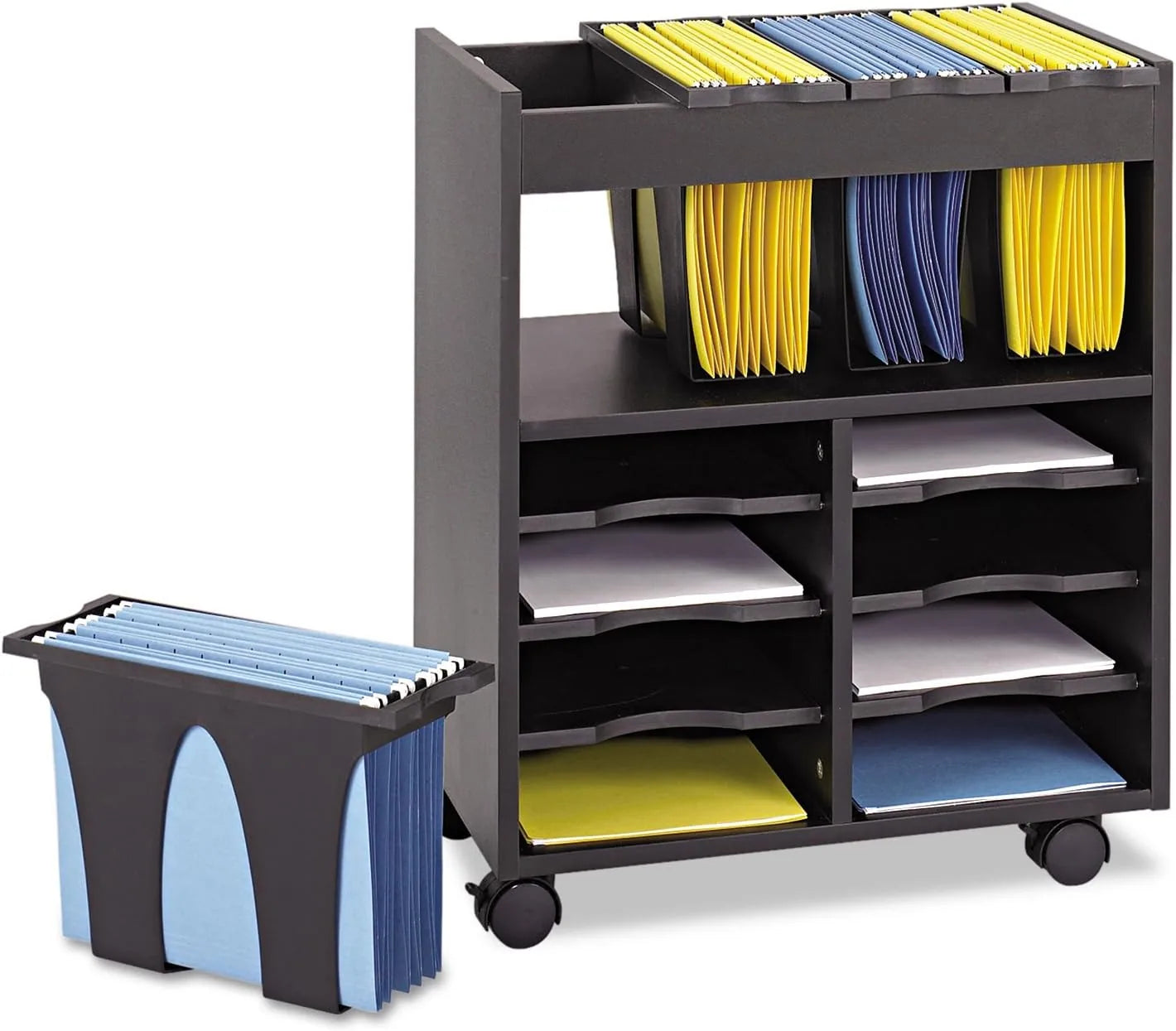 Rolling file cart in a tidy office workspace