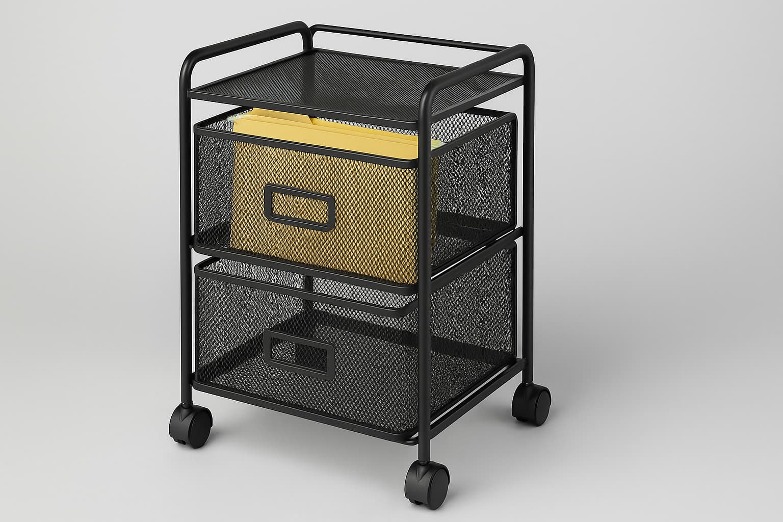 Rolling file cart in a tidy office workspace