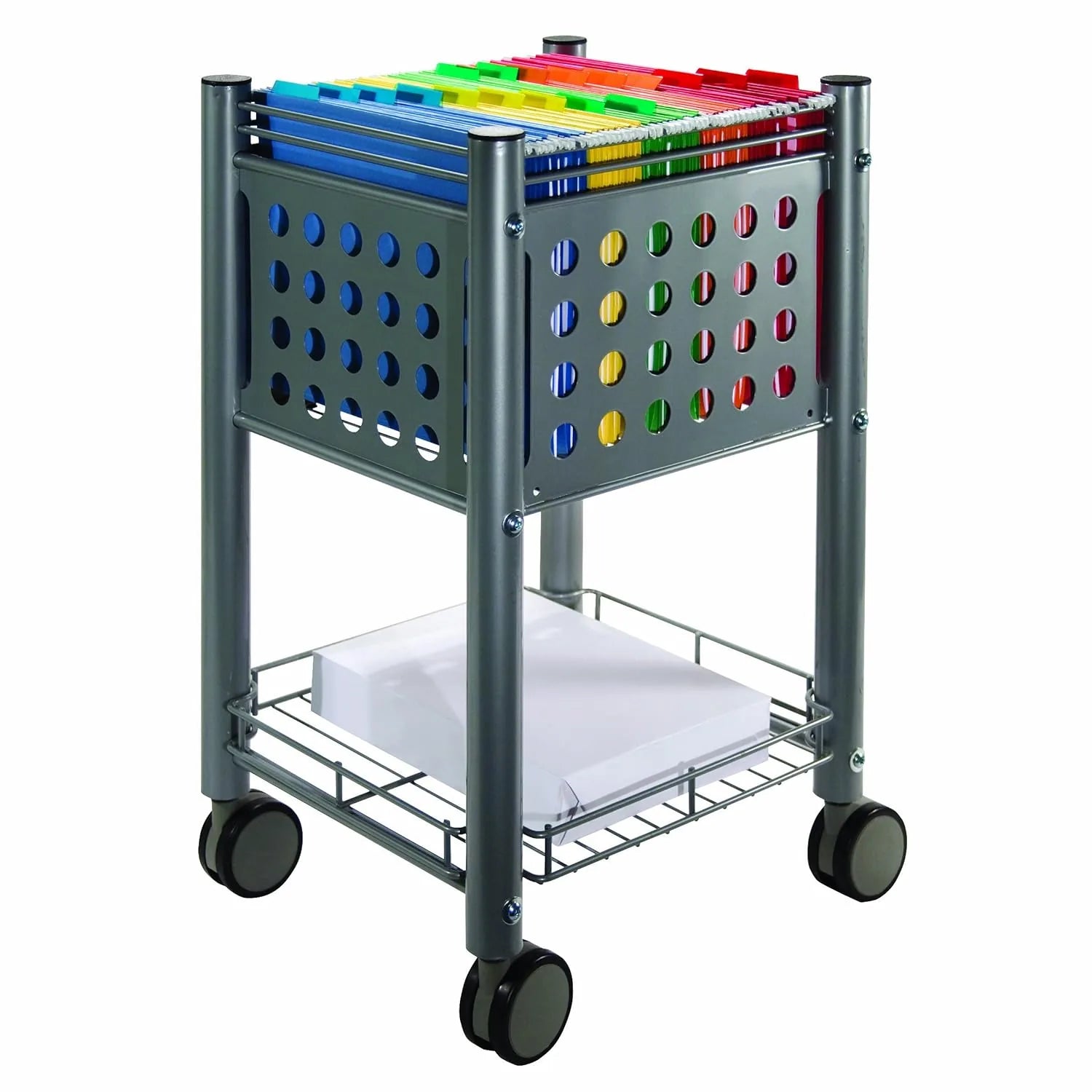 Rolling file cart in a tidy office workspace