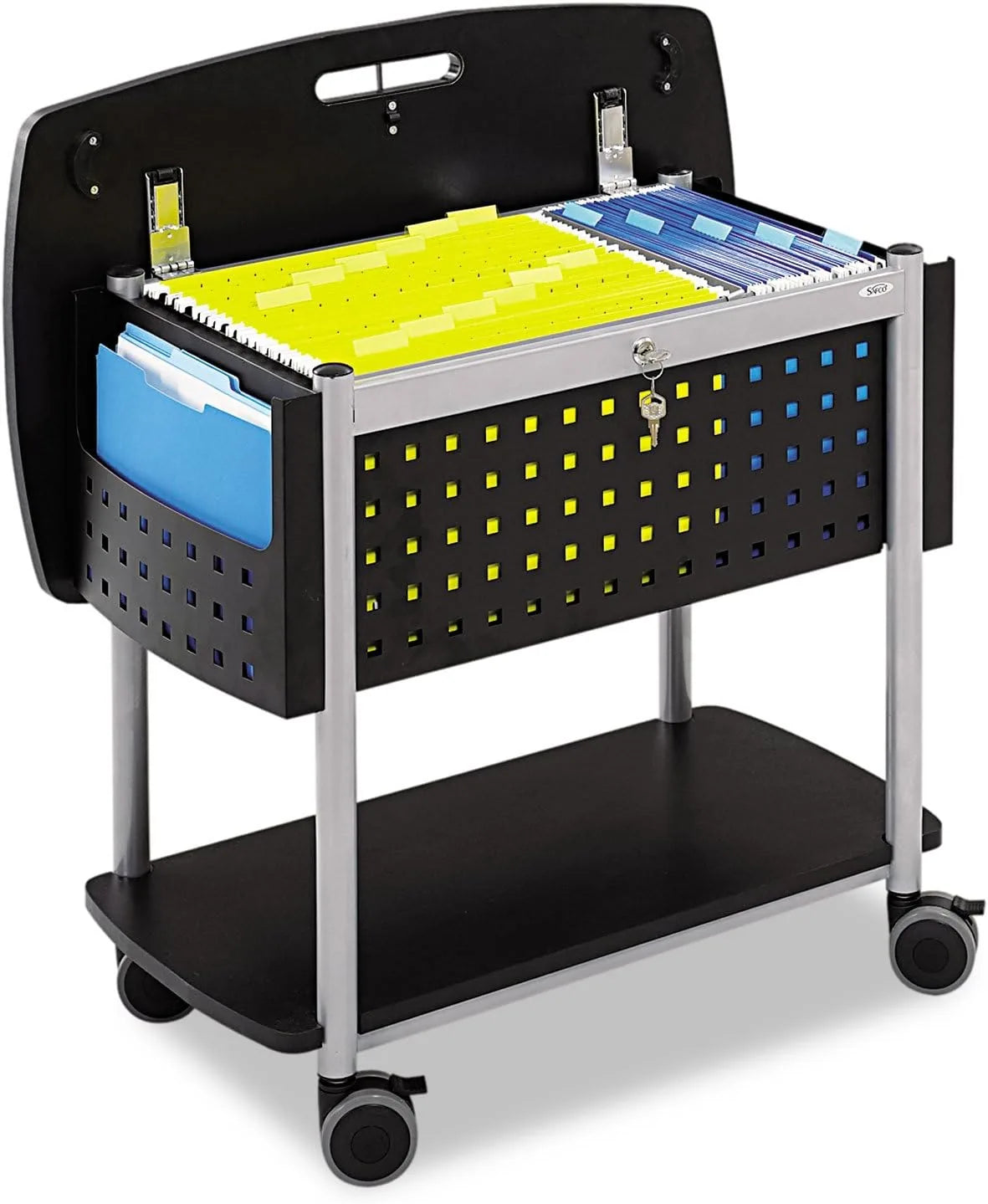 Rolling file cart in a tidy office workspace